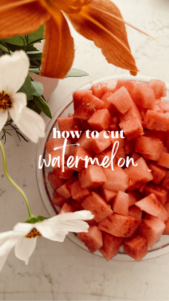 Bowl of watermelon on counter with flowers