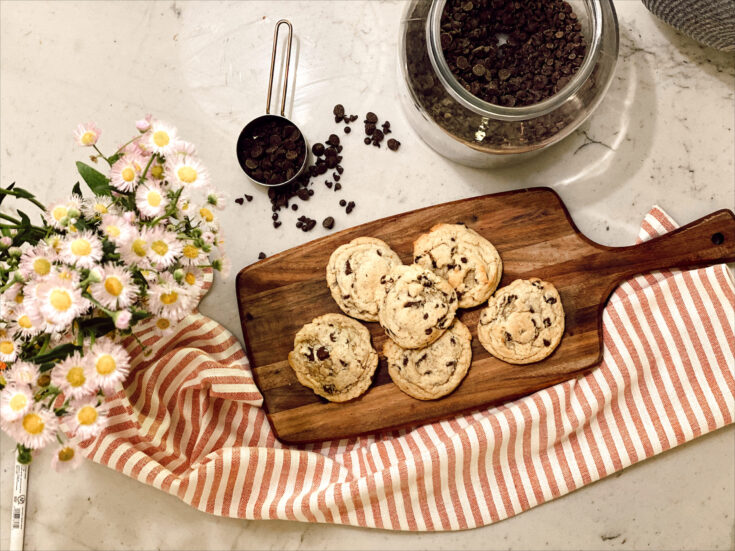 chocolate chip cookies on a wooden board