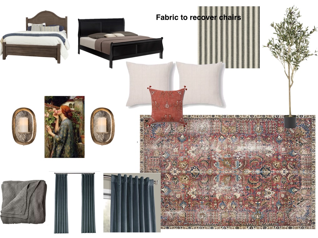 design board for makeover for a military family with rug and olive tree